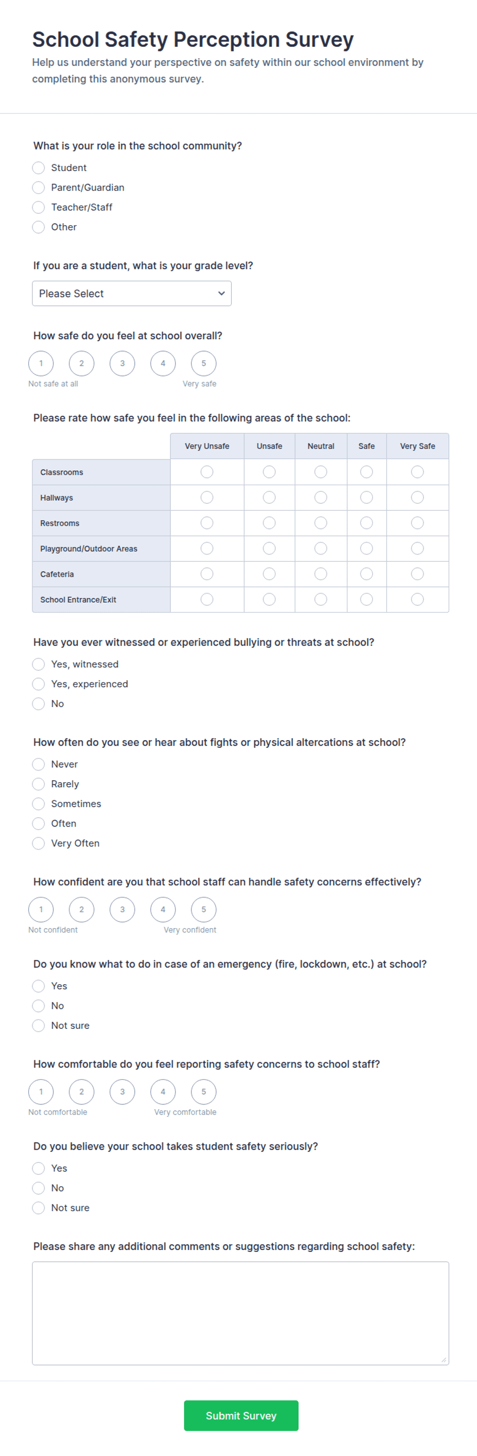 School Safety Perception Survey Form Template | Jotform