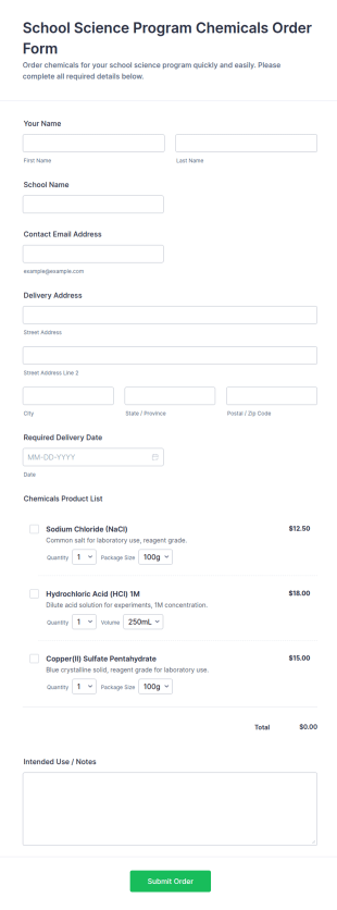 School Science Program Chemicals Order Form Template