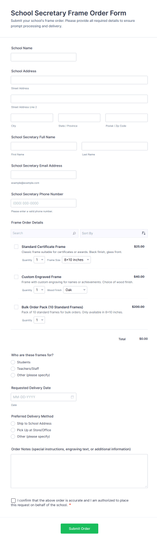School Secretary Frame Order Form Template