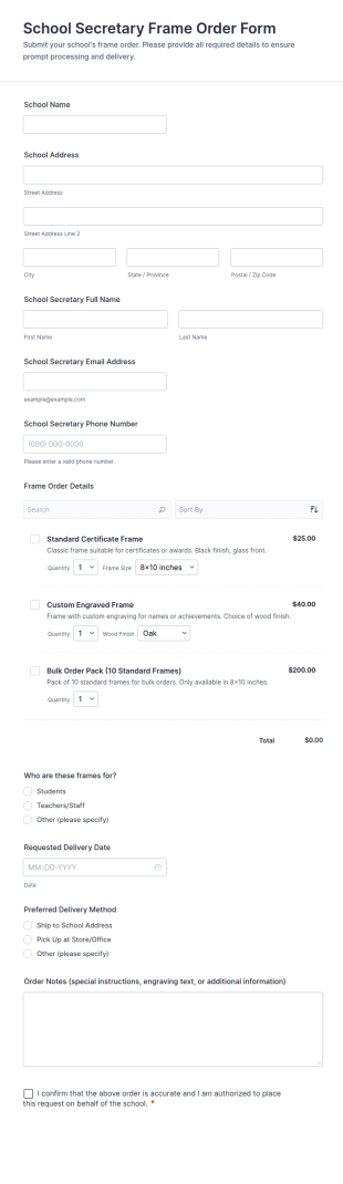 School Secretary Frame Order Form Template