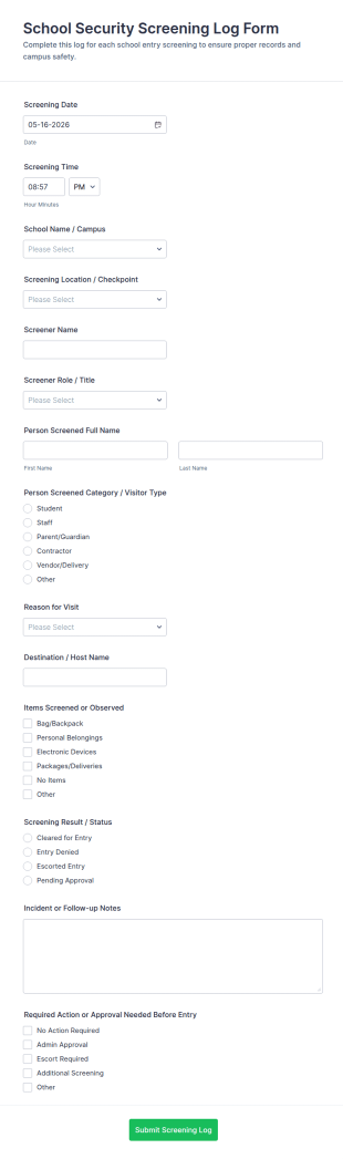 School Security Screening Log Form Template