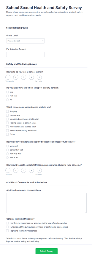 School Sexual Health And Safety Survey Form Template