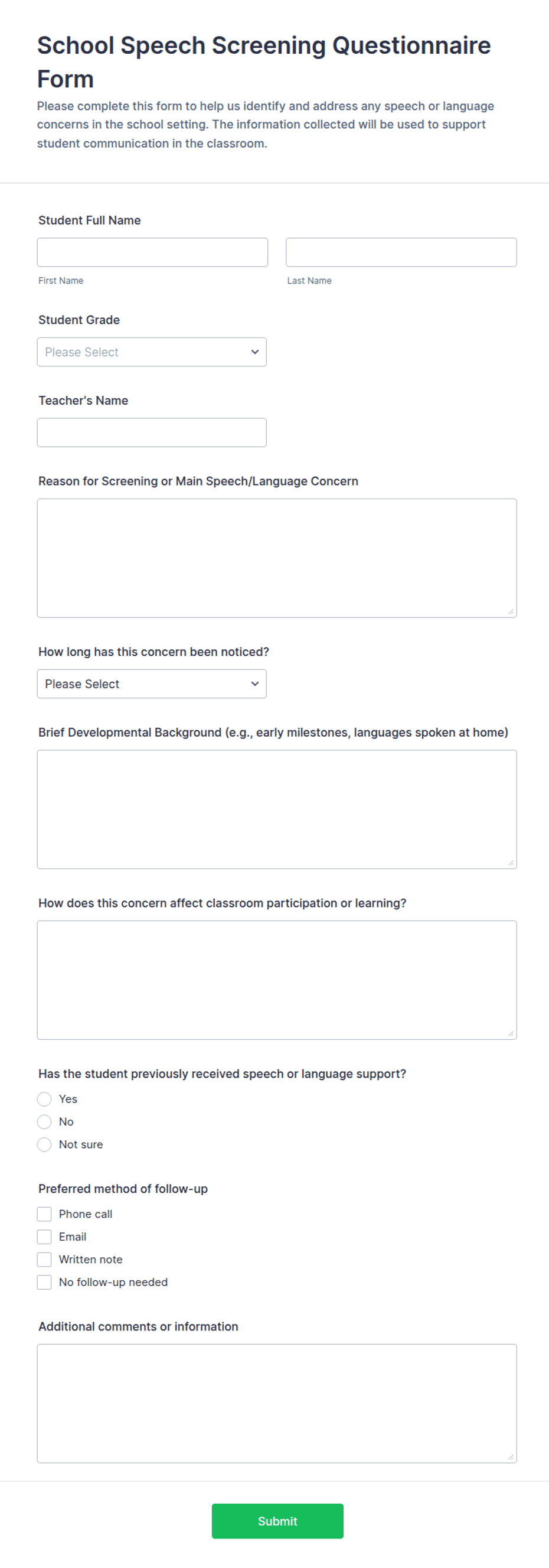 School Speech Screening Questionnaire Form Template | Jotform