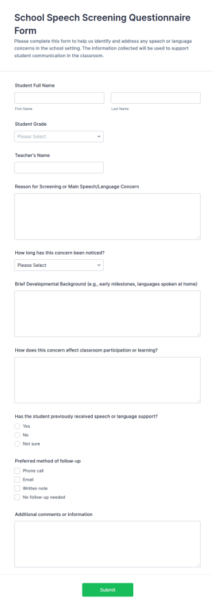 School Speech Screening Questionnaire Form Template