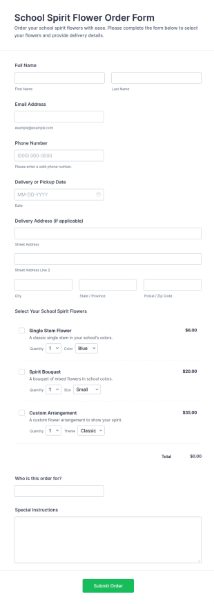 School Spirit Flower Order Form Template