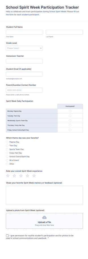 School Spirit Week Participation Tracker Form Template