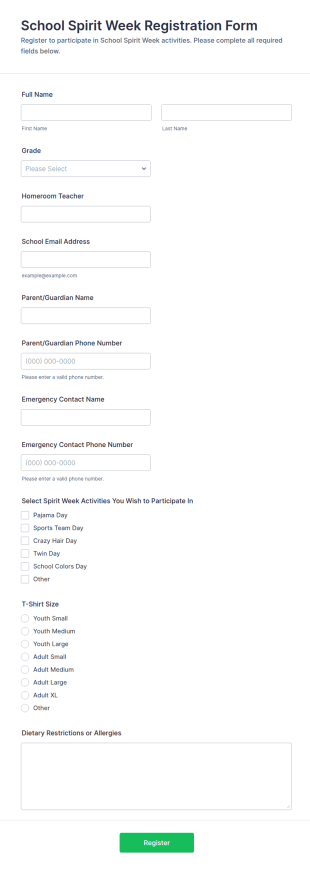 School Spirit Week Registration Form Template