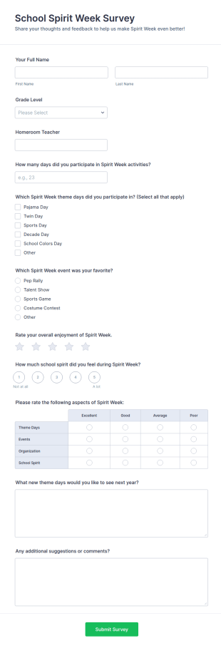 School Spirit Week Survey Form Template