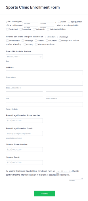 School Sports Clinic Enrollment Form Template
