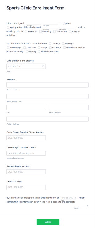 School Sports Clinic Enrollment Form Template