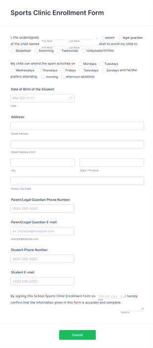 School Sports Clinic Enrollment Form Template