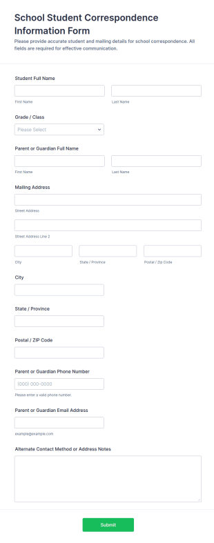School Student Correspondence Information Form Template
