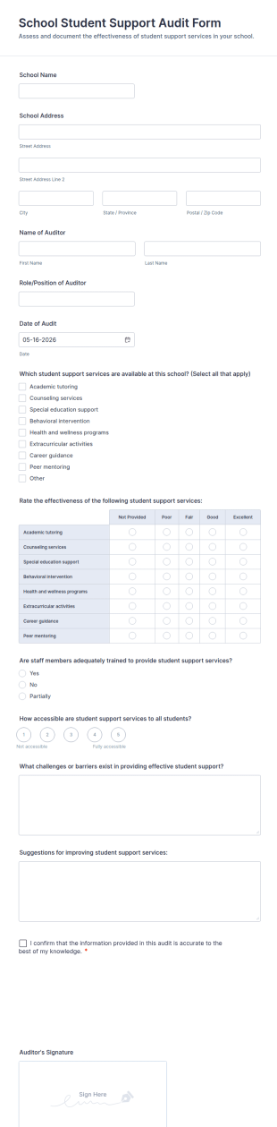 School Student Support Audit Form Template
