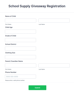 School Supply Giveaway Registration Form Template