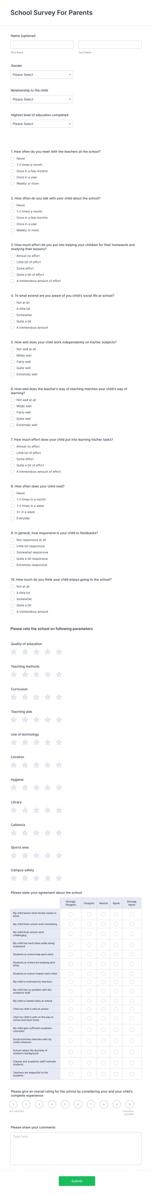 School Survey For Parents Form Template