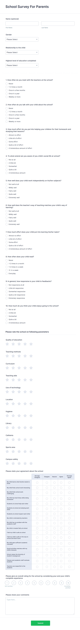 School Survey For Parents Form Template