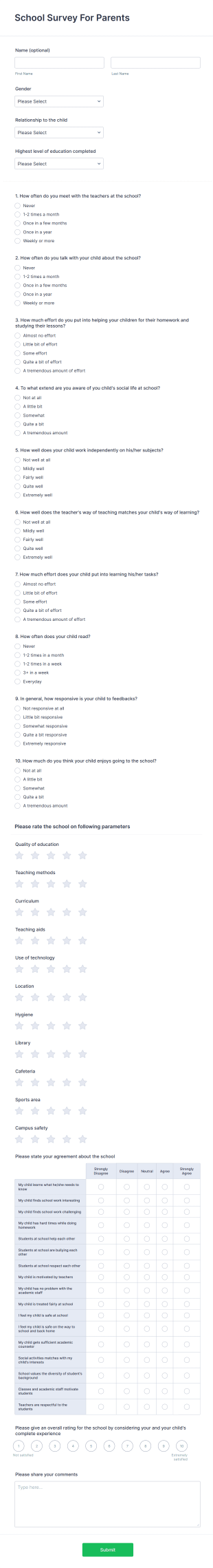School Survey For Parents Form Template