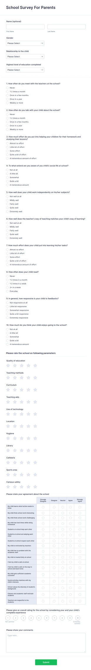 School Survey For Parents Form Template
