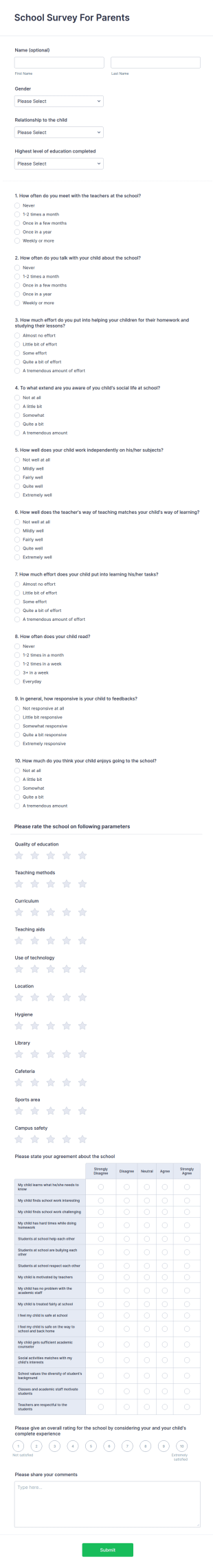 School Survey For Parents Form Template