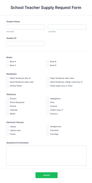 School Teacher Supply Request Form Template