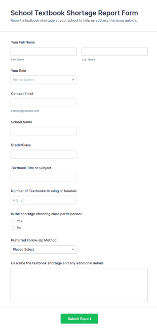 School Textbook Shortage Report Form Template