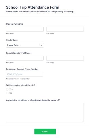 School Trip Attendance Form Template