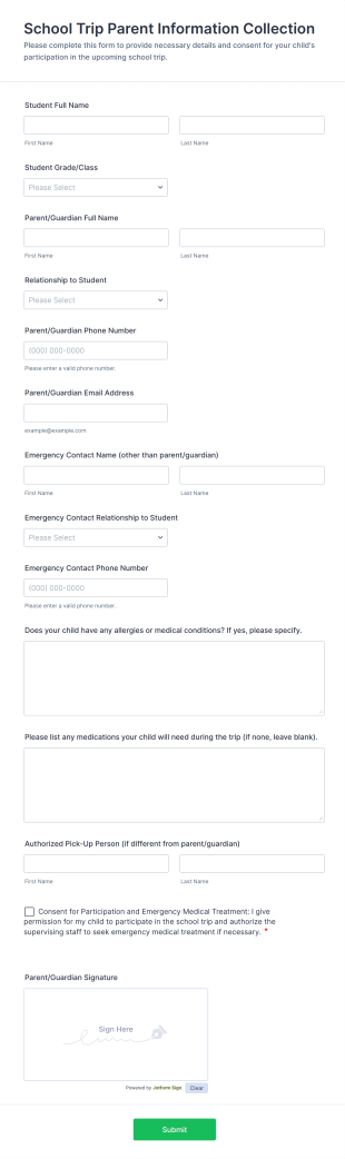 School Trip Parent Information Collection Form Template