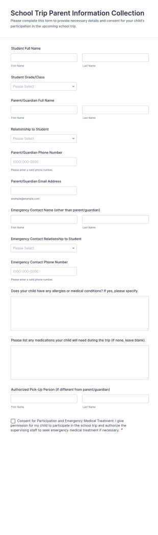 School Trip Parent Information Collection Form Template