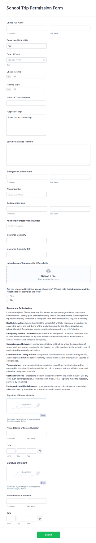 School Trip Permission Form Template