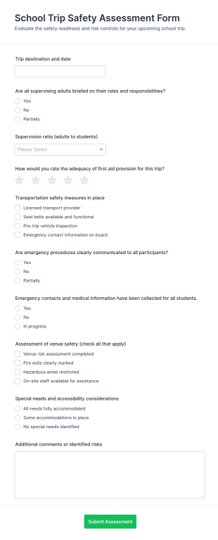 School Trip Safety Assessment Form Template