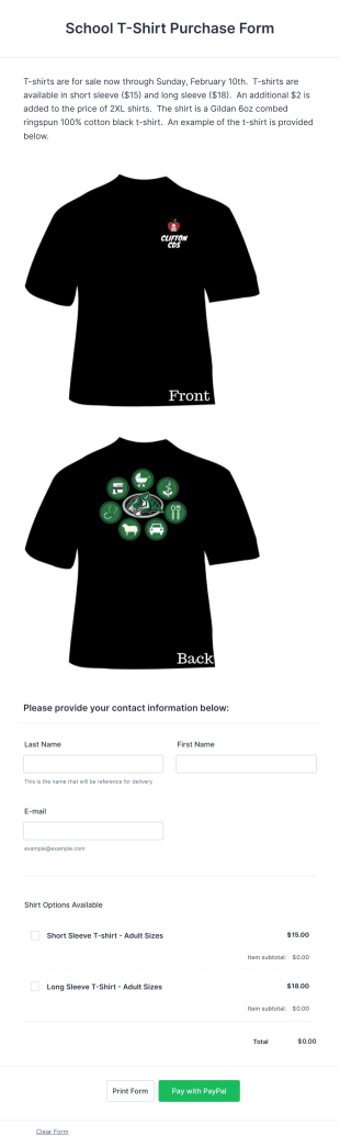 School T Shirt Purchase Form Template