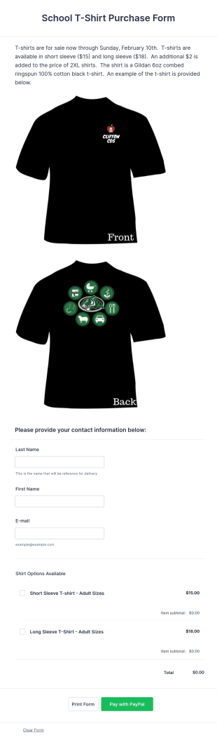 School T Shirt Purchase Form Template