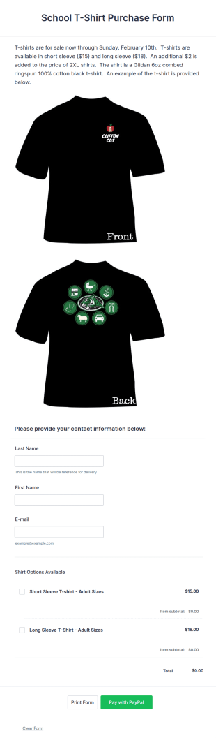 School T Shirt Purchase Form Template