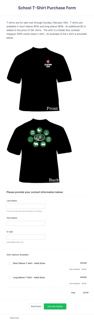 School T Shirt Purchase Form Template