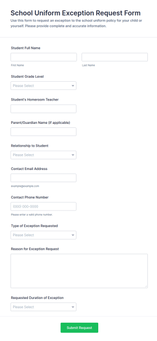 School Uniform Exception Request Form Template