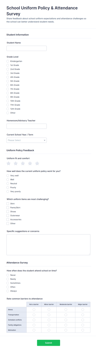 School Uniform Policy & Attendance Survey Form Template