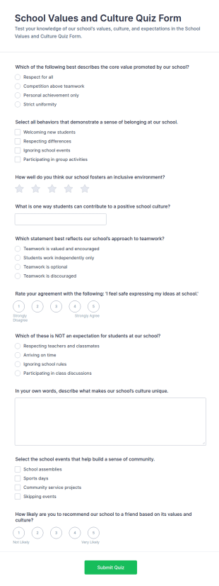 School Values And Culture Quiz Form Template