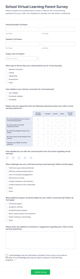 School Virtual Learning Parent Survey Form Template