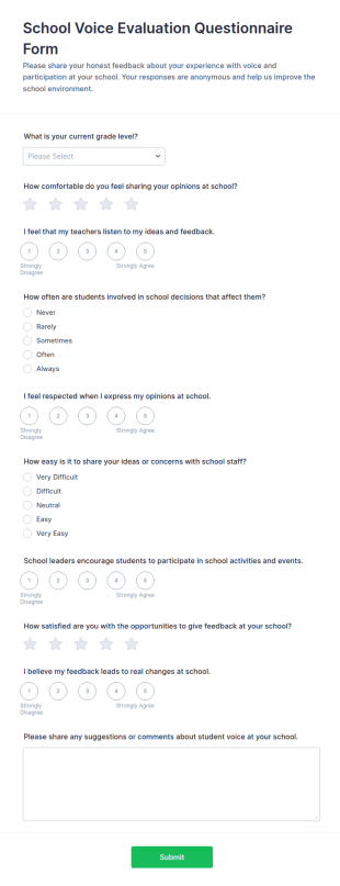 School Voice Evaluation Questionnaire Form Template