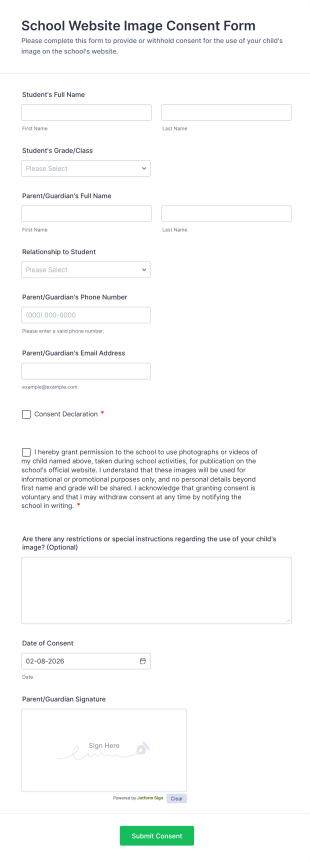 School Website Image Consent Form Template