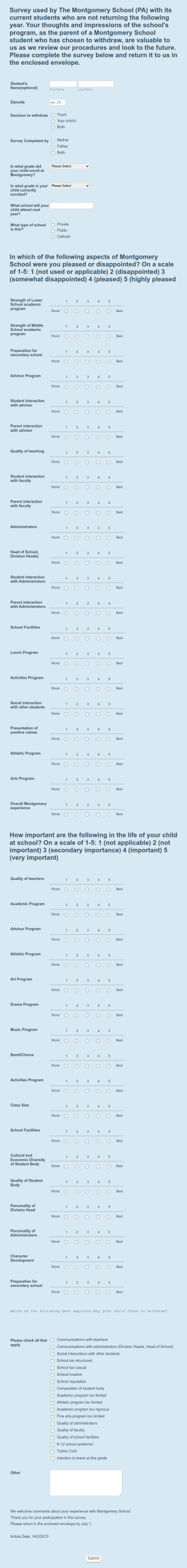 School Withdrawal Survey Form Template