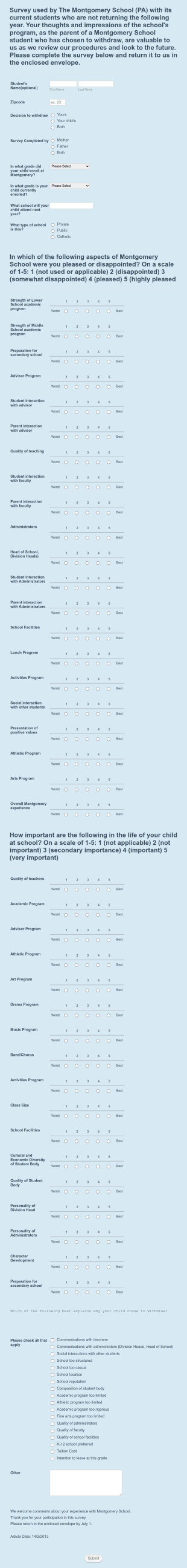 survey questions about homework School Withdrawal Survey Form Template