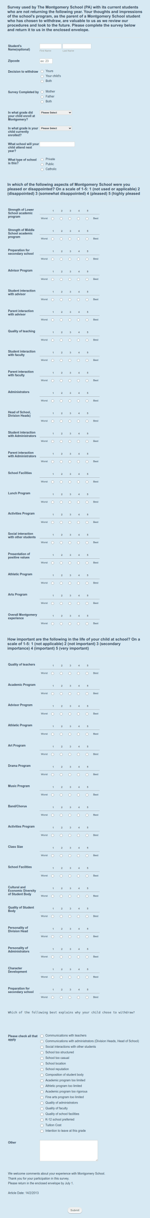 School Withdrawal Survey Form Template