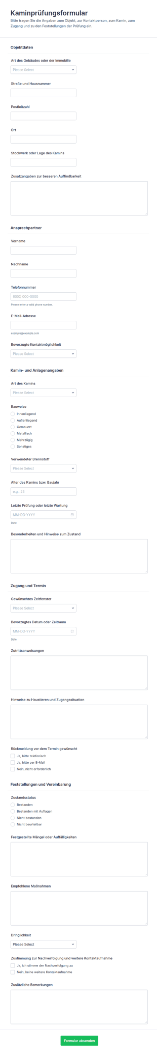 Schornsteinüberprüfung Checklistenformular