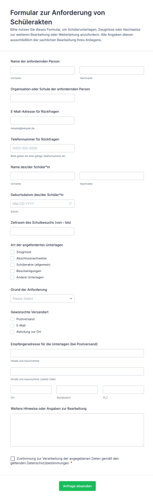 Schülerakten Anfrage Formular
