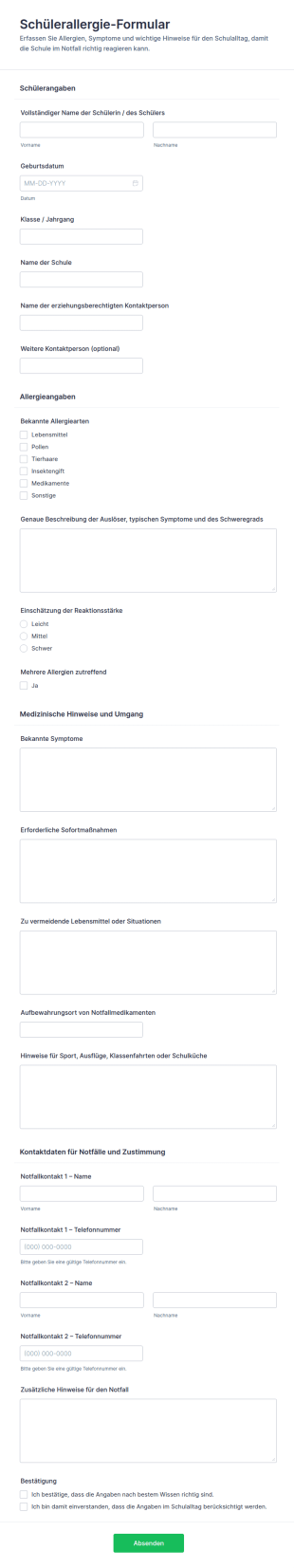 Schülerallergie Anmeldeformular