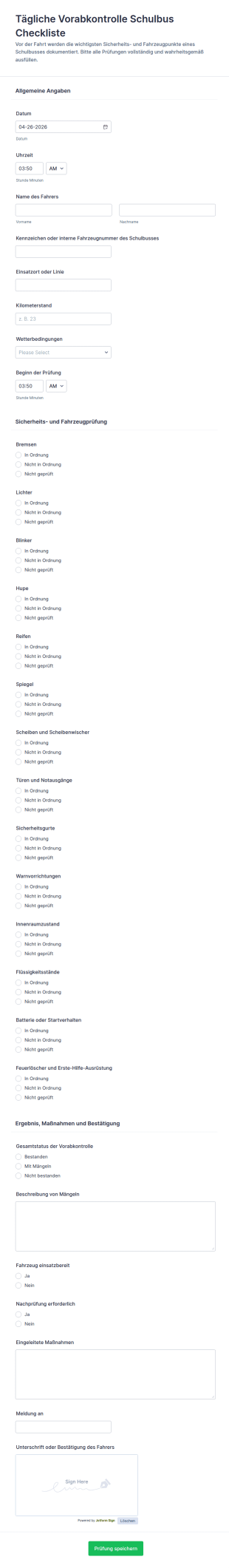 Schülerbusfahrer Tägliche Inspektionscheckliste
