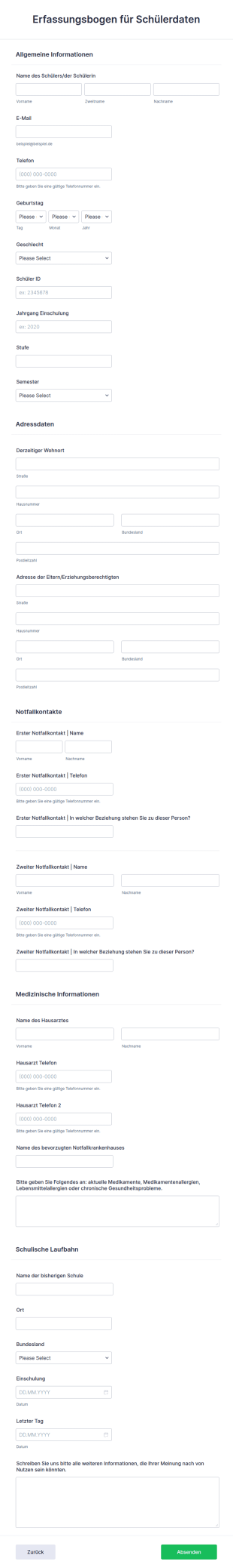 Schülerdaten Erfassungsbogen