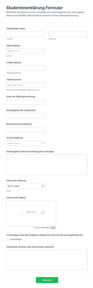 Schülererklärung Formular