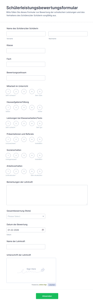 Schülerleistungsbewertungsformular Form Template
